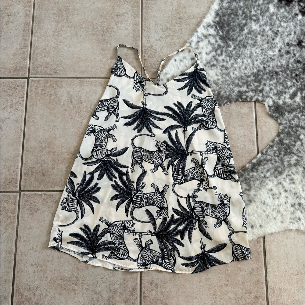 Bronzini Black & White Tiger Print A-Line Dress with Spaghetti Straps Size L